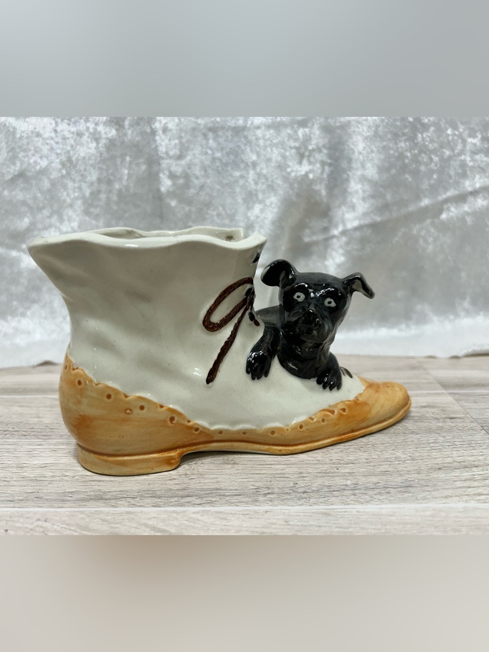 Vintage Japan Ceramic Dog Shoe Planter Puppy Boot Vase
